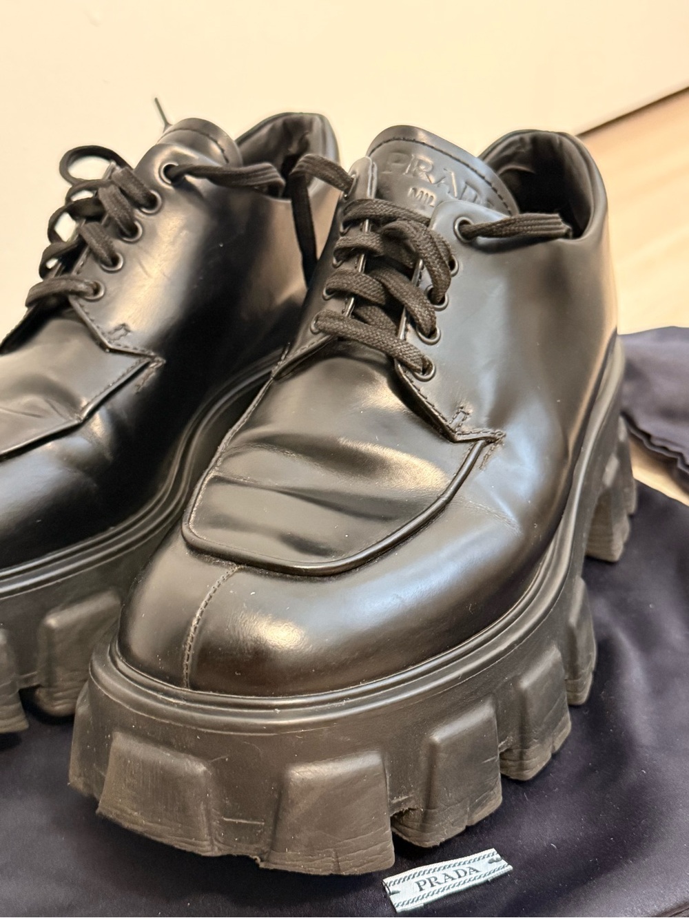 Prada Black Chunky Lug Platform Lace-Up Shoes - Picture 2 of 8